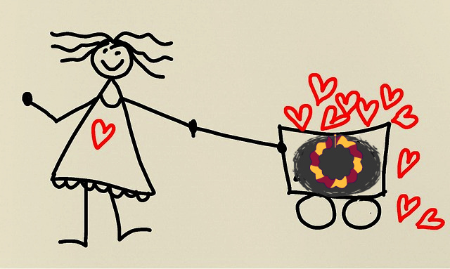 girl with cart full of hearts girl with cart full of hearts